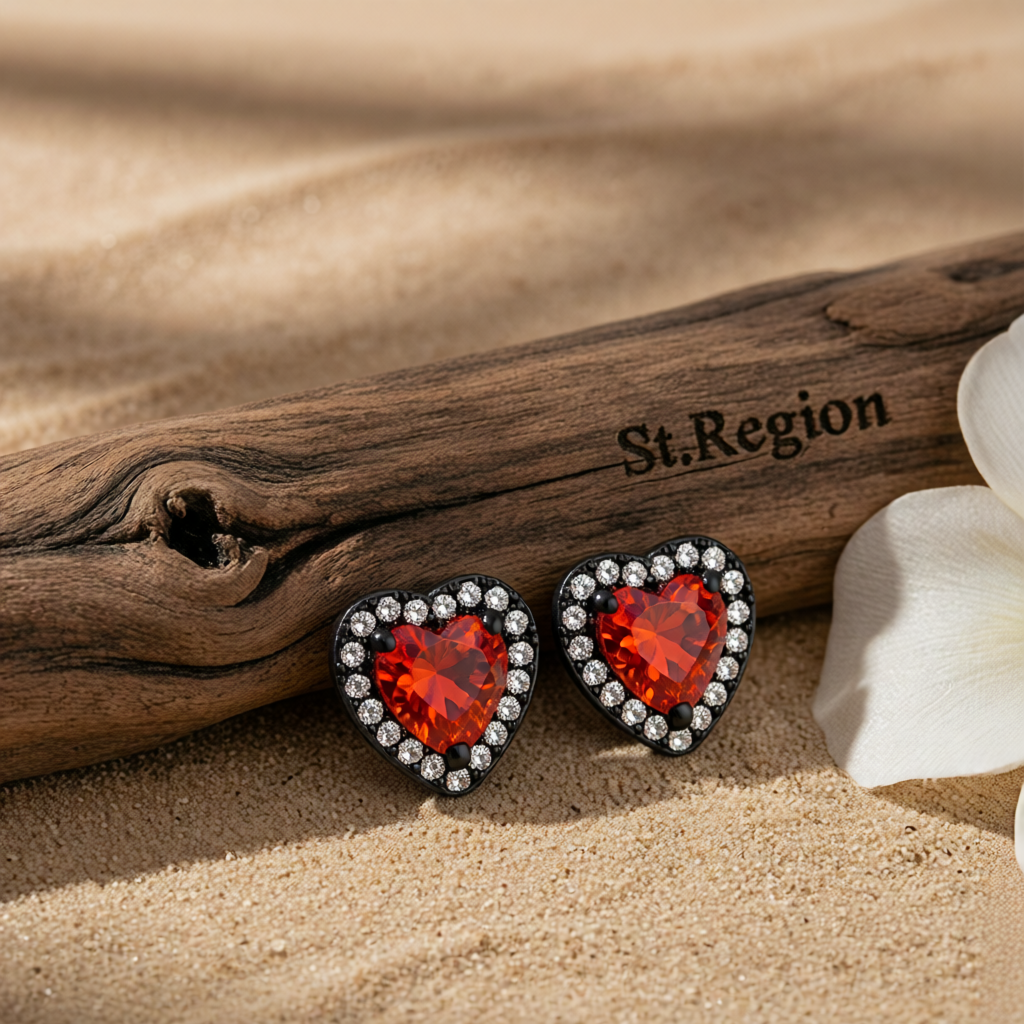 Red Crystal & Cubic Zirconia Blacktone Halo Heart Stud Earrings