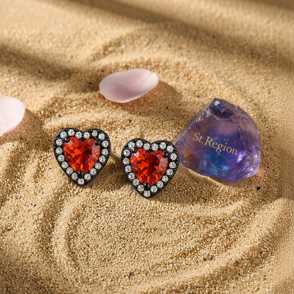 Red Crystal & Cubic Zirconia Blacktone Halo Heart Stud Earrings