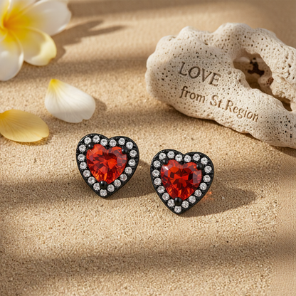 Red Crystal & Cubic Zirconia Blacktone Halo Heart Stud Earrings