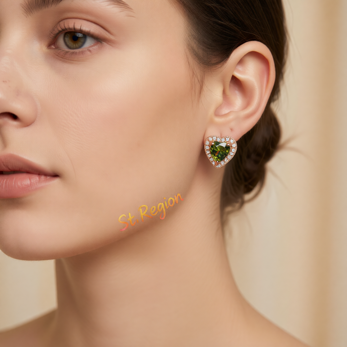 Olive Crystal & Cubic Zirconia Rose Goldtone Halo Heart Stud Earrings