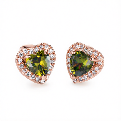 Olive Crystal & Cubic Zirconia Rose Goldtone Halo Heart Stud Earrings