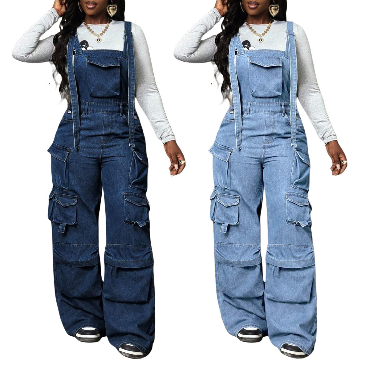 Wide leg denim loose overalls