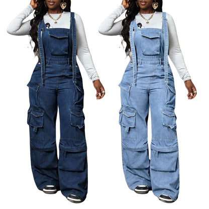 Wide leg denim loose overalls