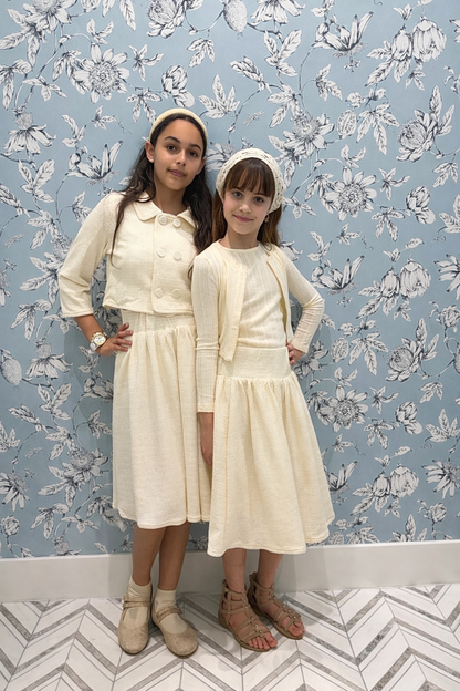 Cream Textured Knit Cropped Blazer Skirt Set_Girls