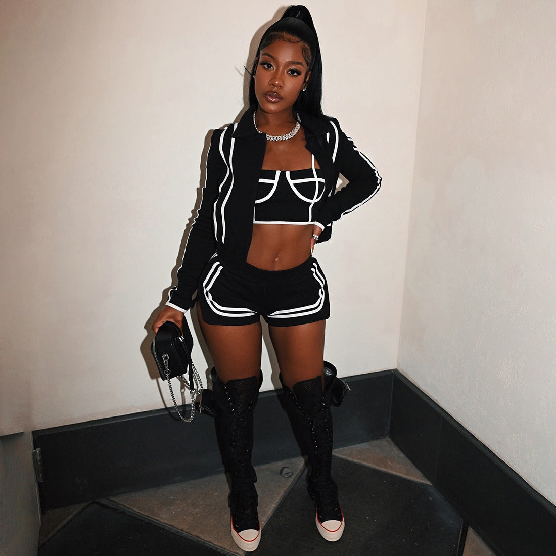 Fashionable Long Sleeve Turn-Down Collar Outerwear with Strap Inner Top and Slim Fit Sport Shorts Set for Women