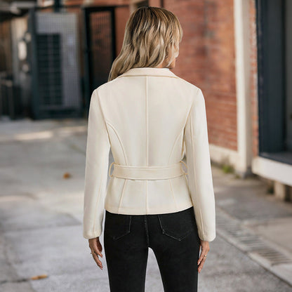 Elegant commuting style with lace up stand up collar solid color woolen coat