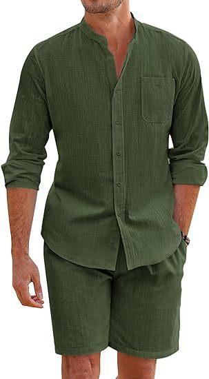 Casual Men's Summer Two-Piece Set Polyester Button-Up Long Sleeve Shirt and Shorts Cardigan Simple Leisure Beachwear