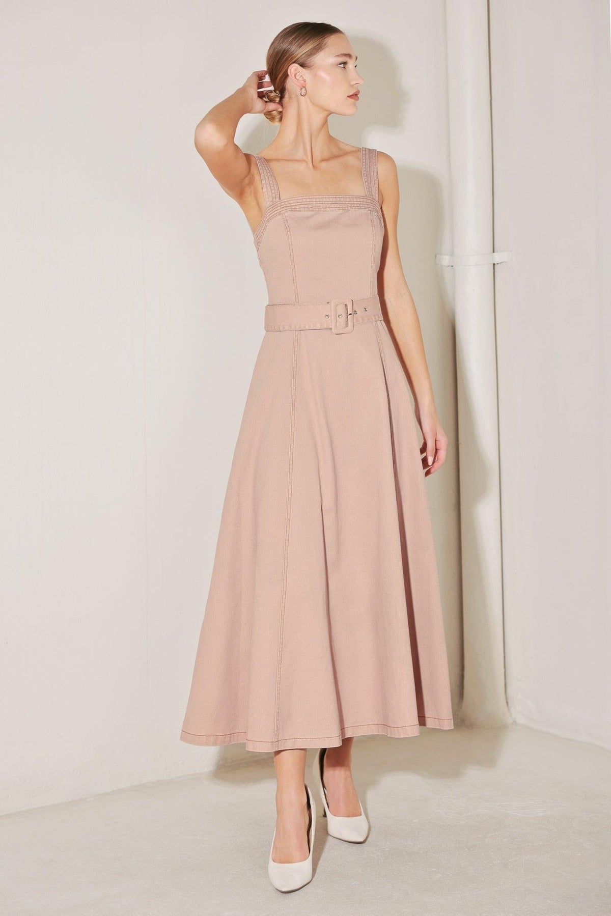 Elevated Neutral Blush Woven Midi Dress