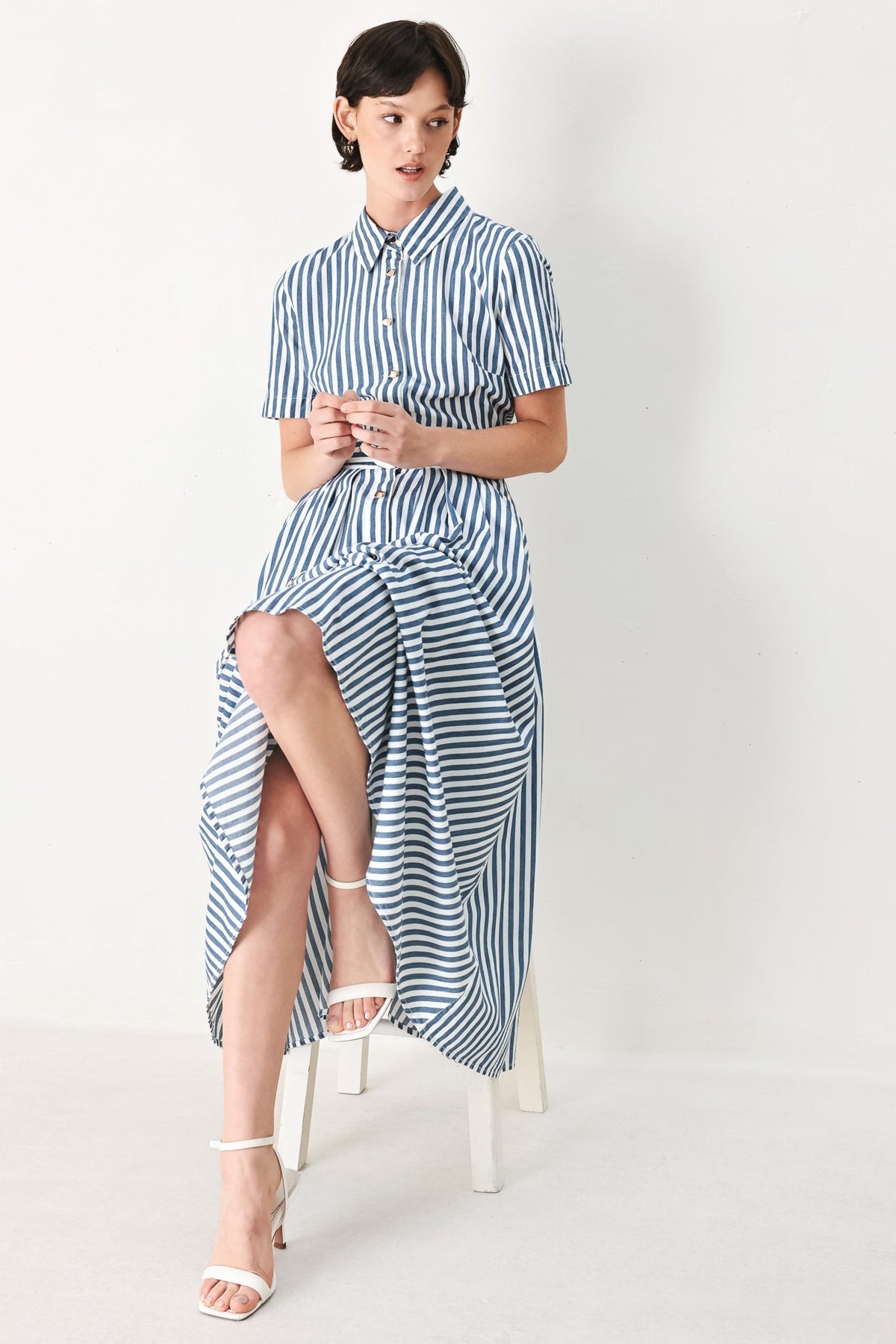 Coastal Muse Strip Woven Midi Shirt Dress