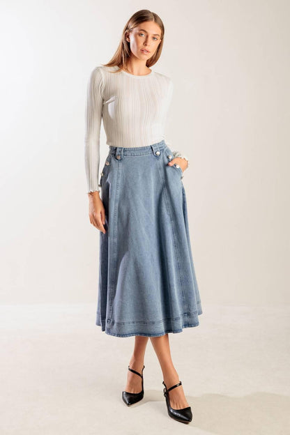 At First Glance Denim Midi Skirt