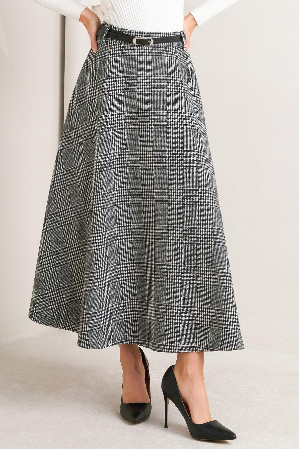 City Checkline Woolen Woven Midi Skirt