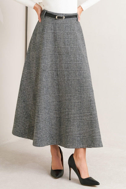 City Checkline Woolen Woven Midi Skirt