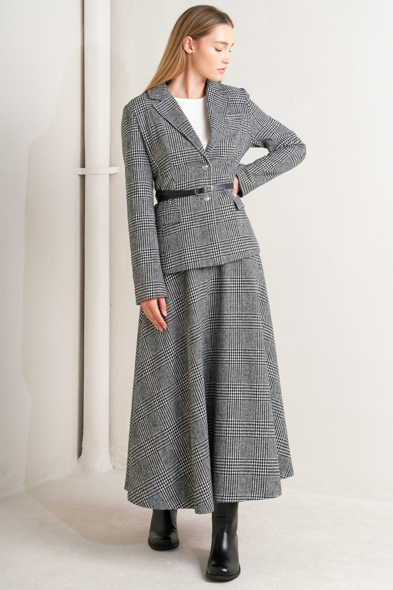 City Checkline Woolen Woven Midi Skirt