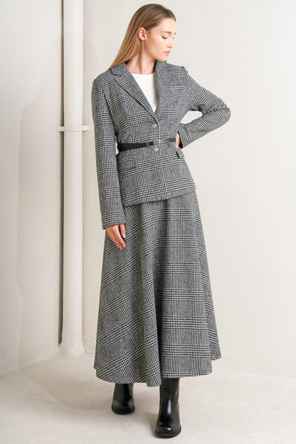 City Checkline Woolen Woven Midi Skirt
