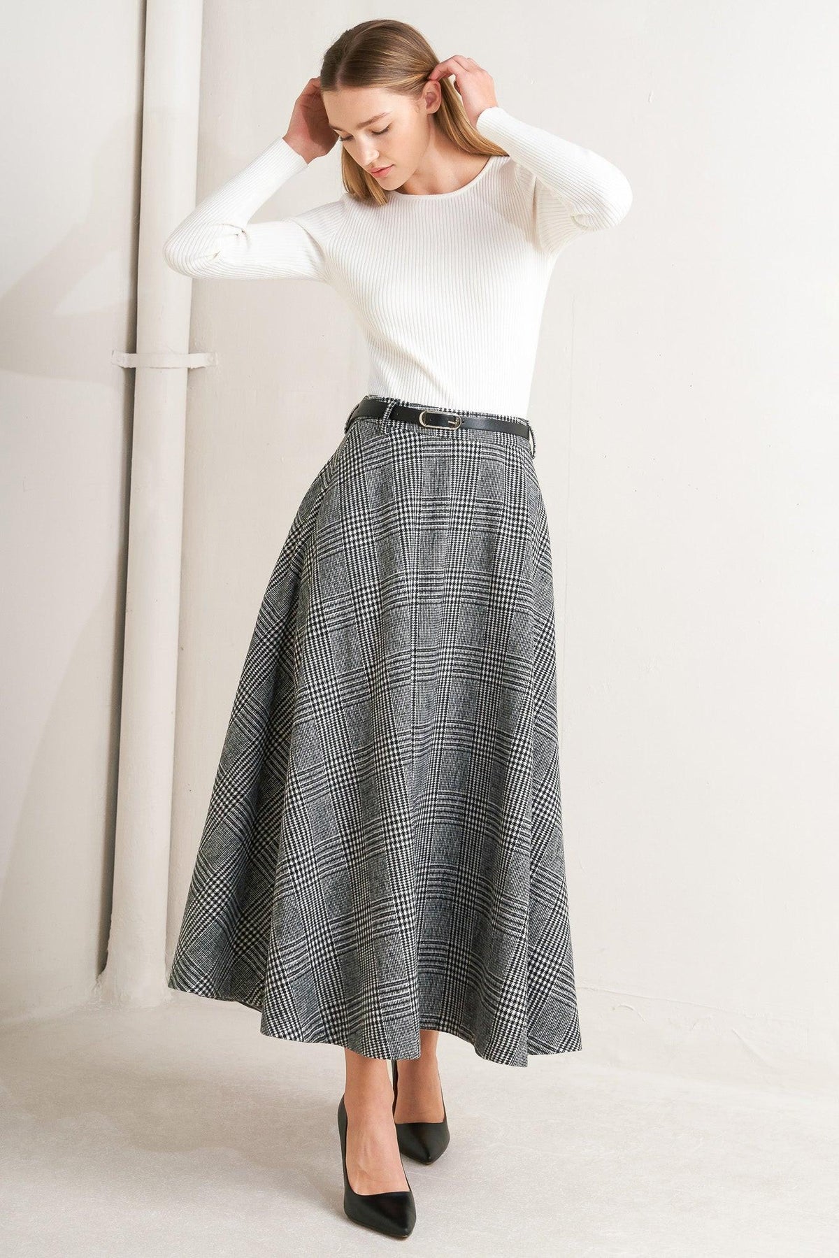City Checkline Woolen Woven Midi Skirt