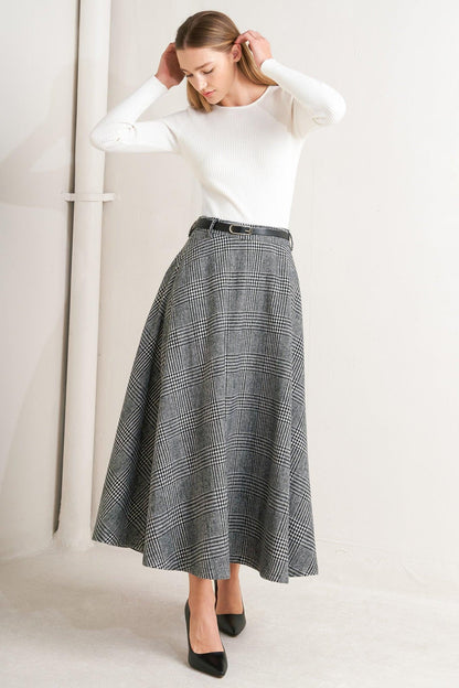 City Checkline Woolen Woven Midi Skirt