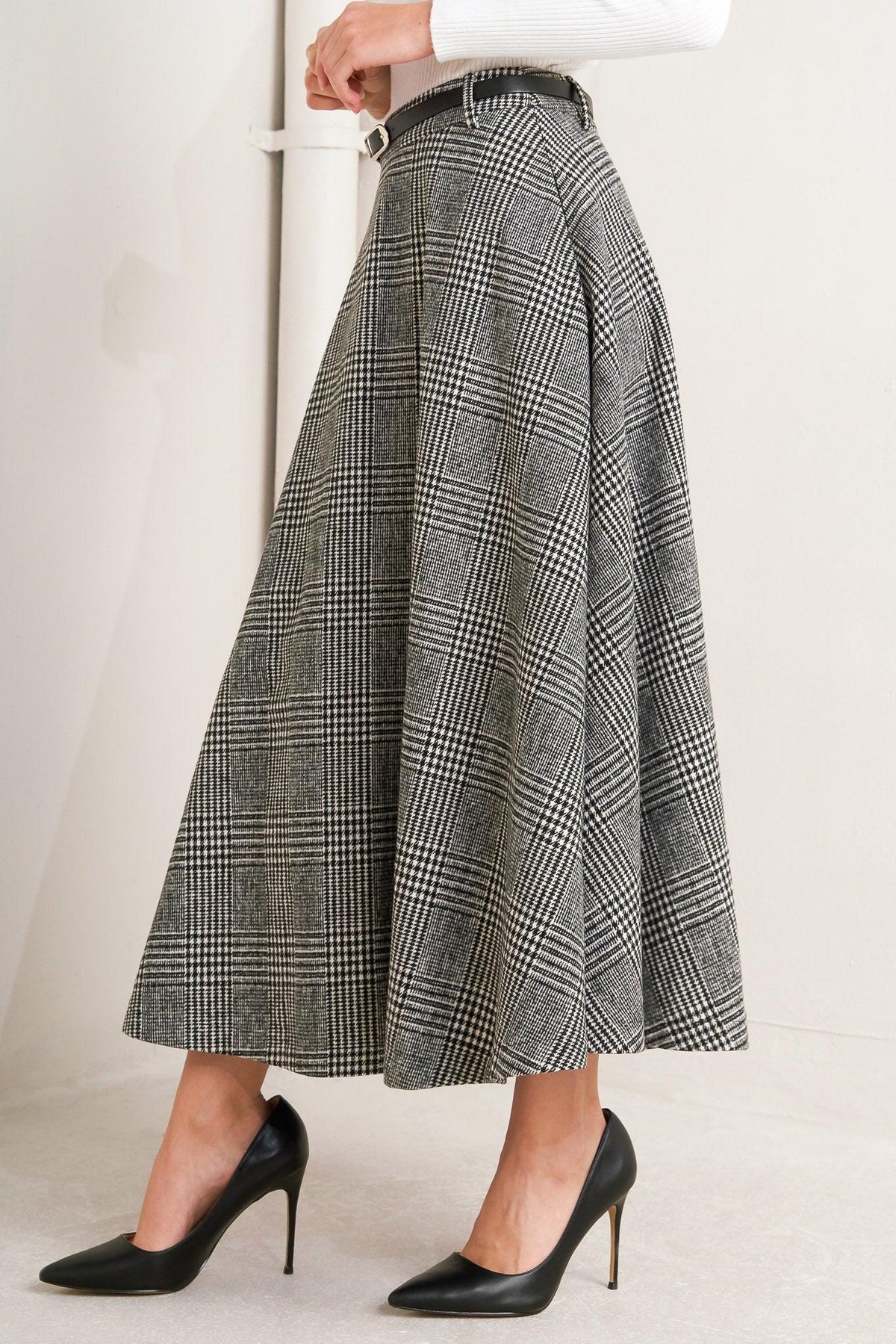 City Checkline Woolen Woven Midi Skirt