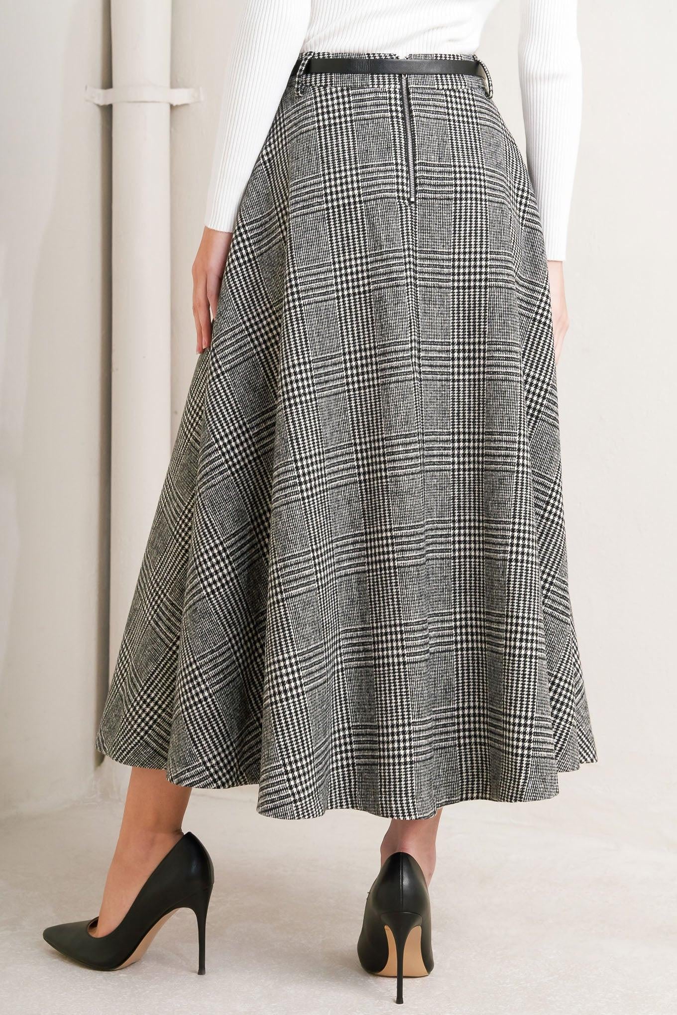 City Checkline Woolen Woven Midi Skirt