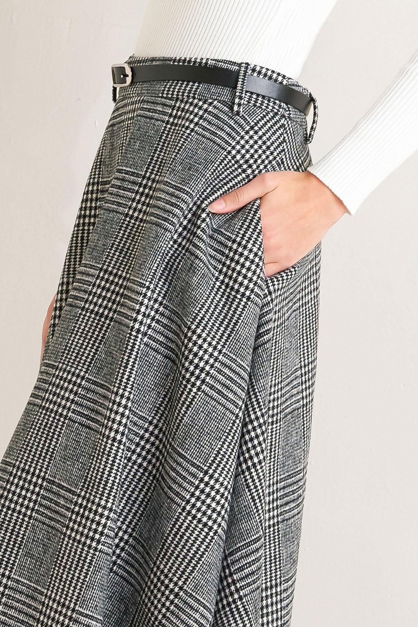 City Checkline Woolen Woven Midi Skirt