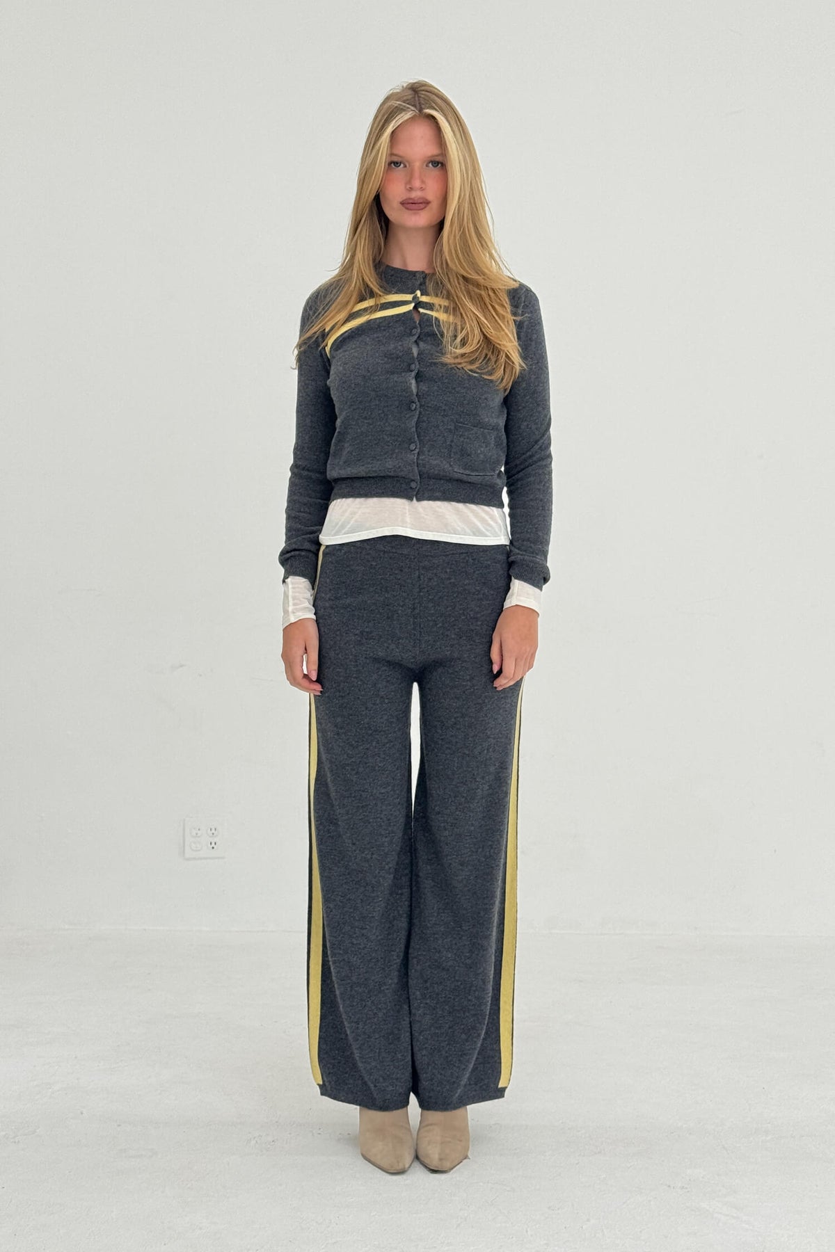 Cashmere Wool Stripe Cardigan in Charcoal/Butter