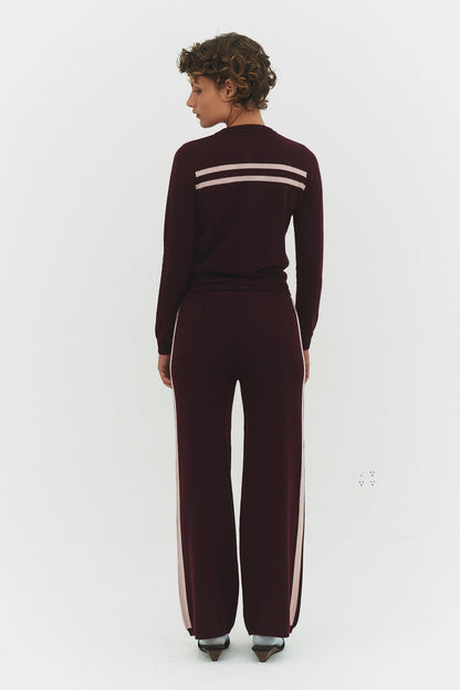 Cashmere Wool Stripe Cardigan in Raspberry Cream