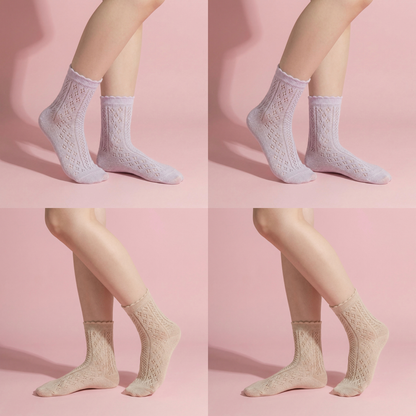 Anna-Kaci 4 Pairs Women's Lace Knit Crew Socks Lightweight Breathable Mesh Style with Elastic Cuff in Assorted Patterns