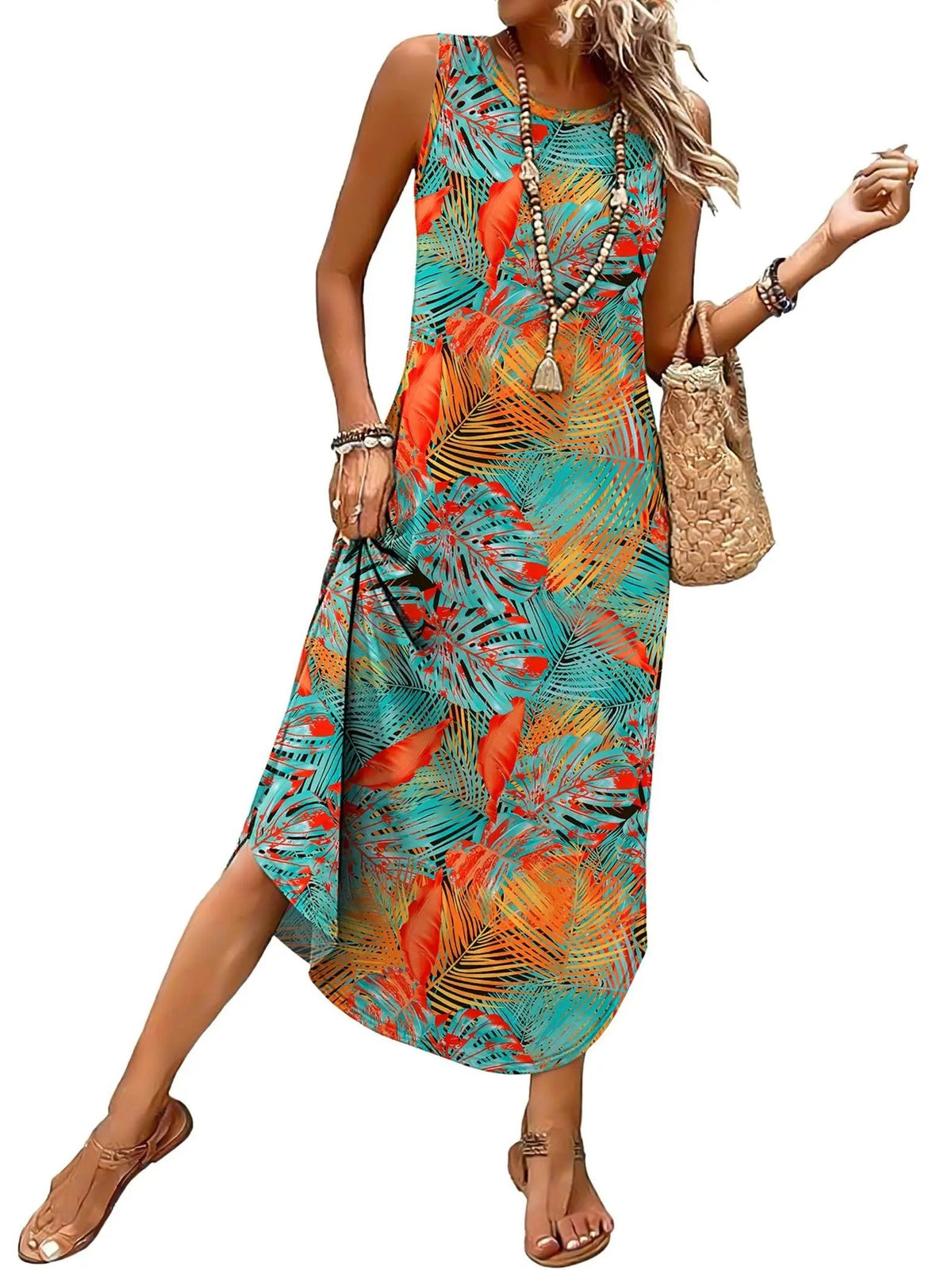 Women's Sleeveless Print Maxi Dress with Pockets