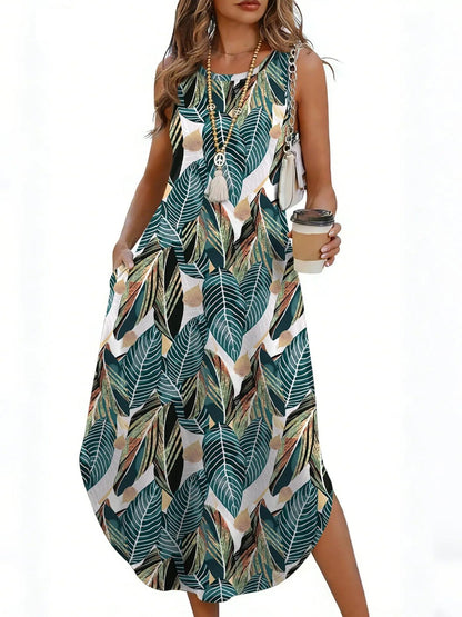 Women's Sleeveless Print Maxi Dress with Pockets