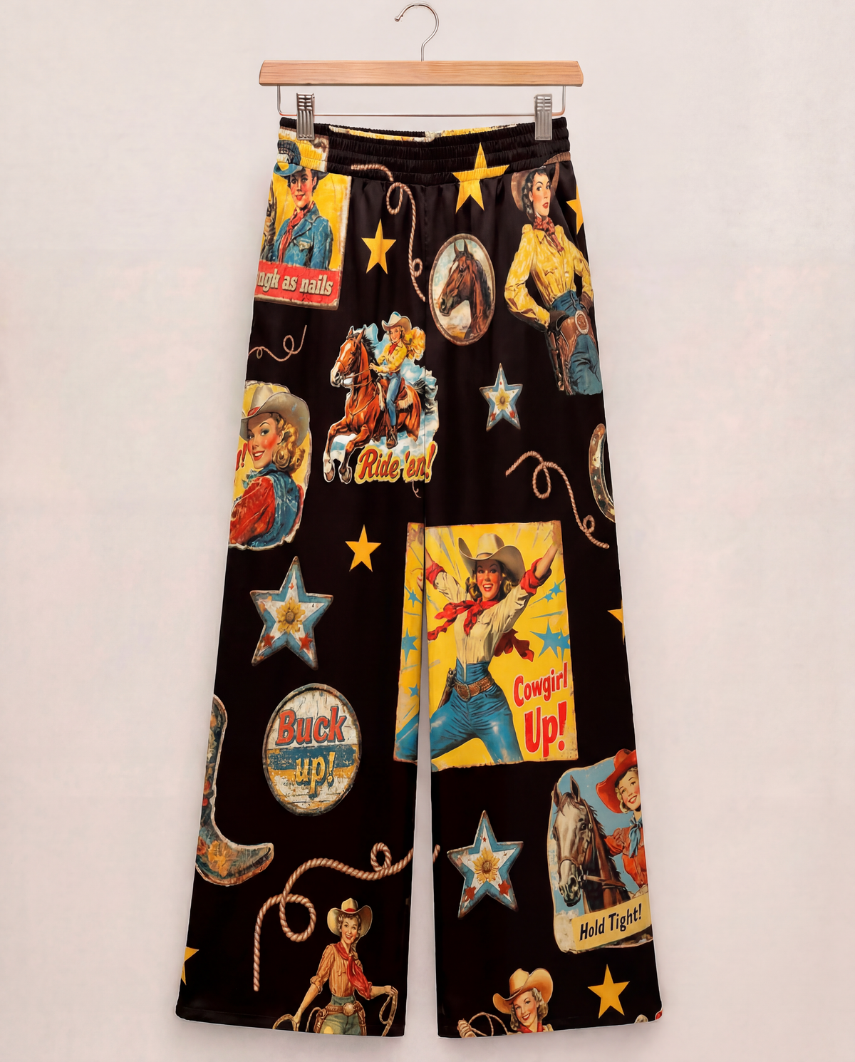 Baha Ranch Vintage Cowgirl Collage High Waisted Wide Leg Pants Inclusive Sizing