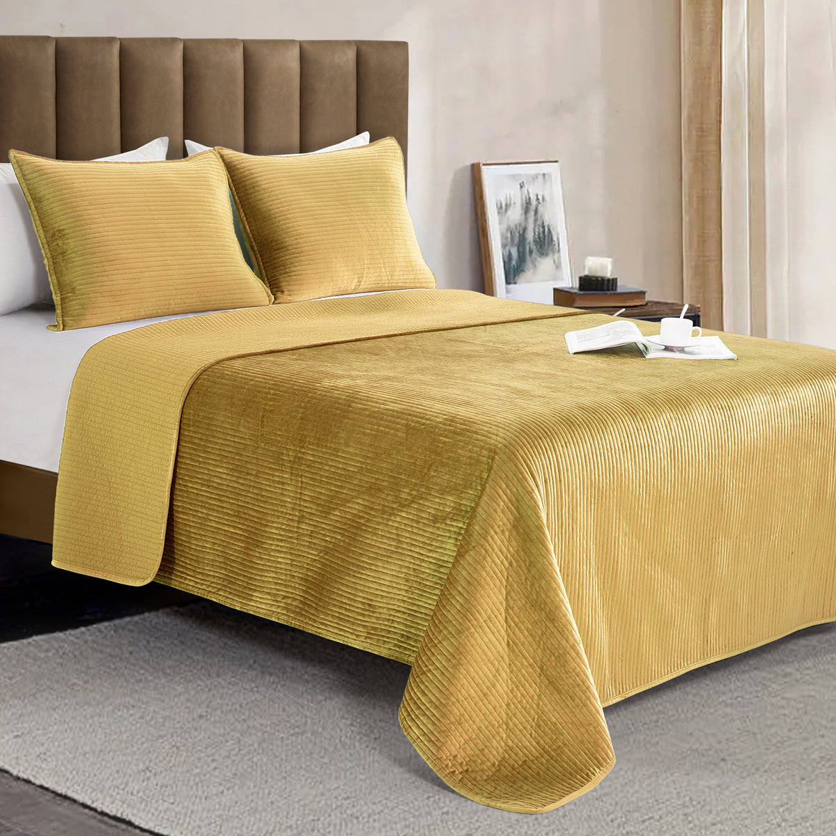 Elegant Comfort 3-Piece Velvet Corduroy Stripe Quilted Bedspread Coverlet Set