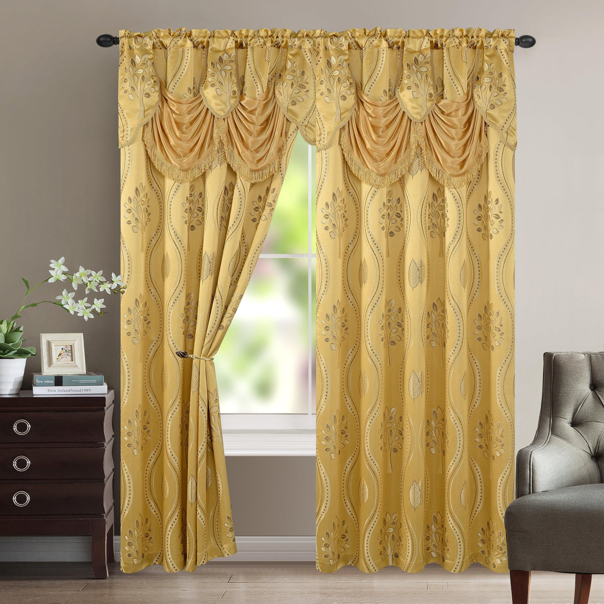Elegant Comfort Set of 2 Aurora Curtain Panels- Attached Valance - Rod Pocket- 54" W x 84" L