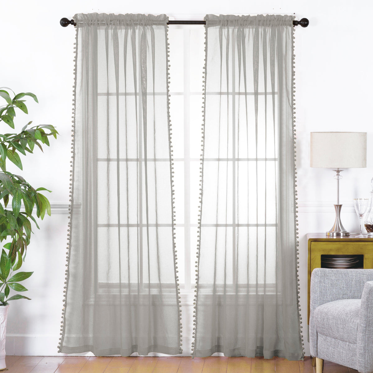 Elegant Comfort Set of 2 Pom Pom Tasseled Sheer Curtain - Rod Pocket