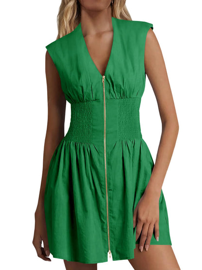 Women's Sleeveless V-Neck Zip Front Mini Dress with Smocked Waist & Pockets
