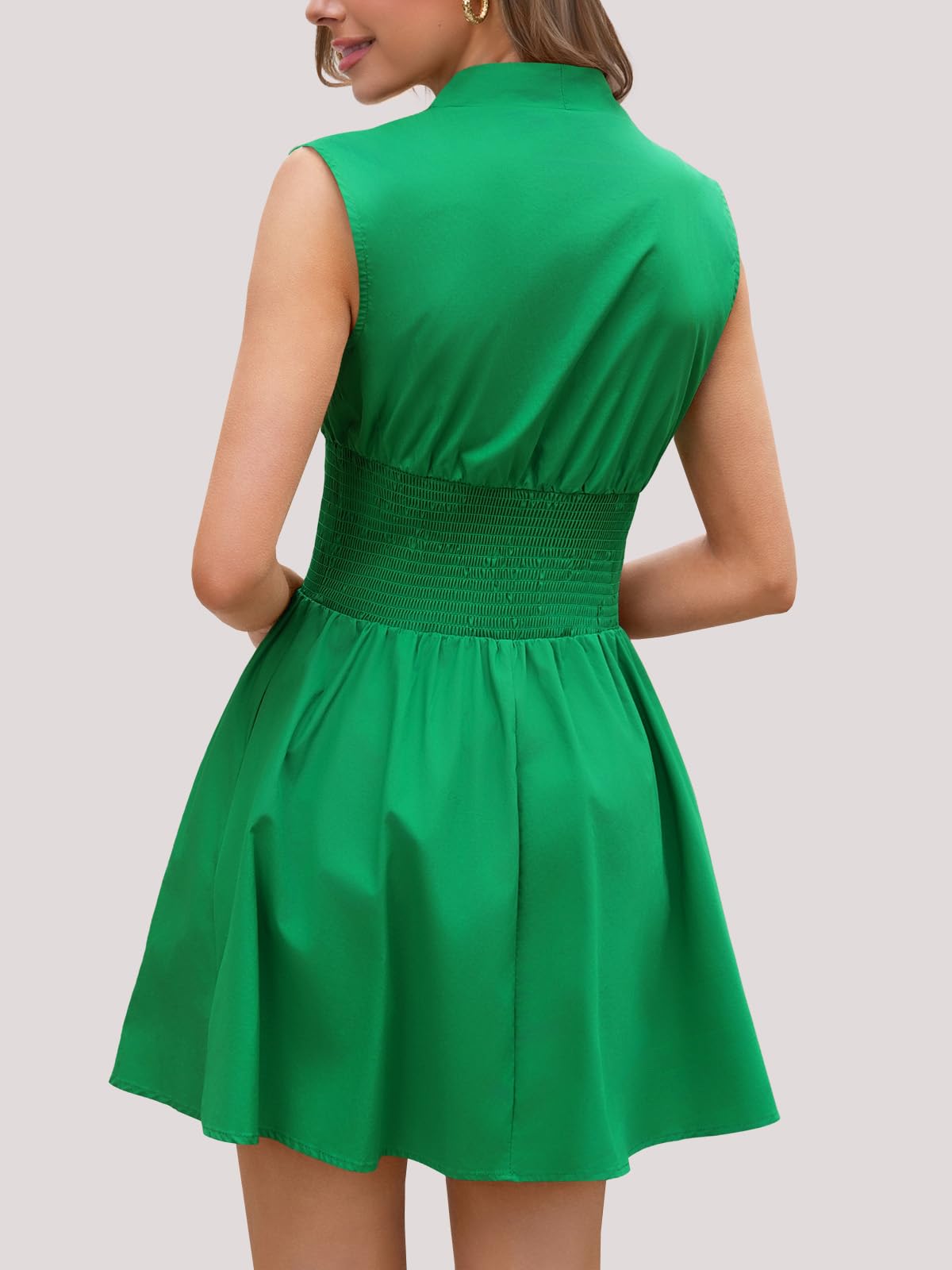 Women's Sleeveless V-Neck Zip Front Mini Dress with Smocked Waist & Pockets