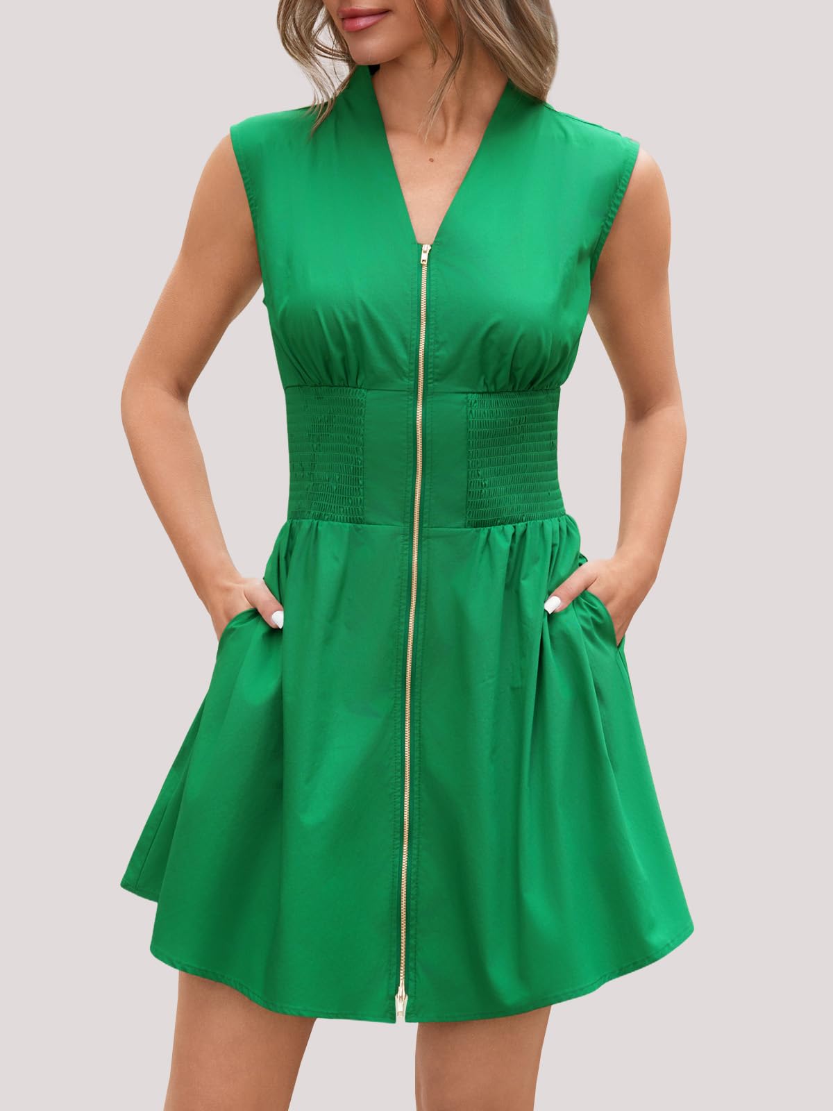 Women's Sleeveless V-Neck Zip Front Mini Dress with Smocked Waist & Pockets