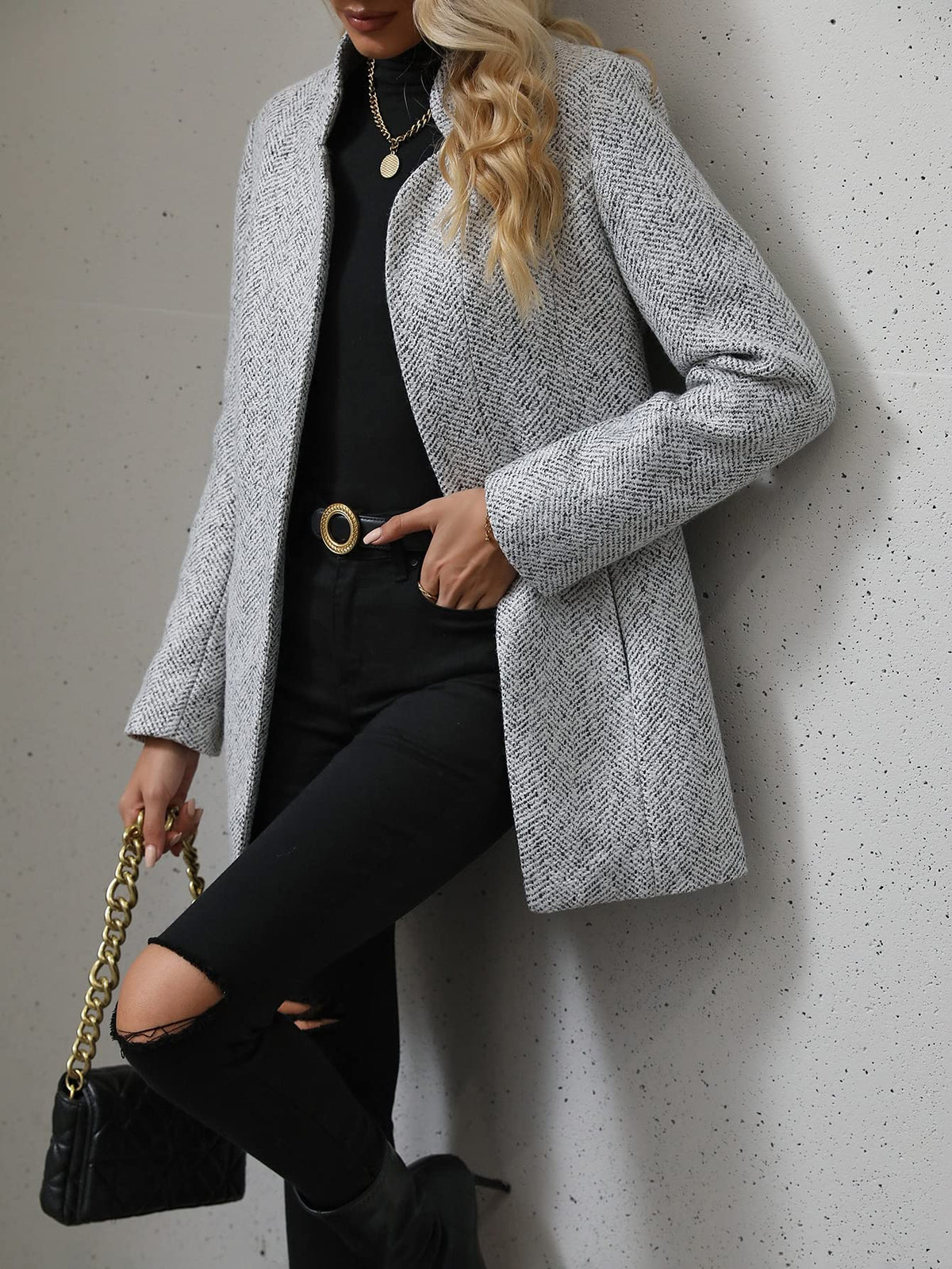 Women's Open Front Slim Fit Overcoat Long Sleeve Stand Collar Outerwear