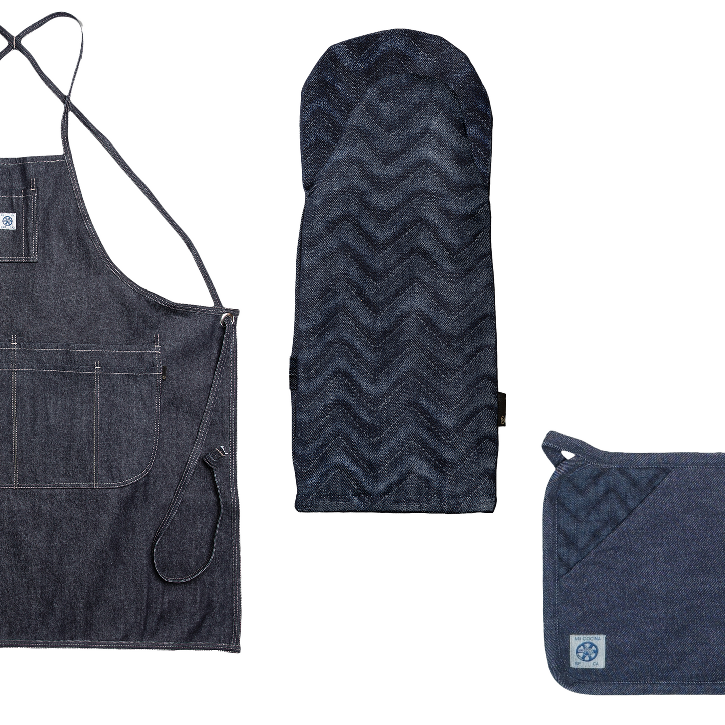 Bundle - Classic Apron, Standard Herringbone Oven Mitt and Herringbone Pot Holder (raw)