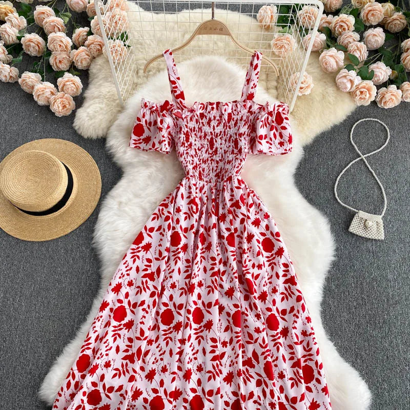 Summer 2026 Midi Dress Women Casual Off Shoulder Short Sleeve Vacation Beach Robe Female Clothing