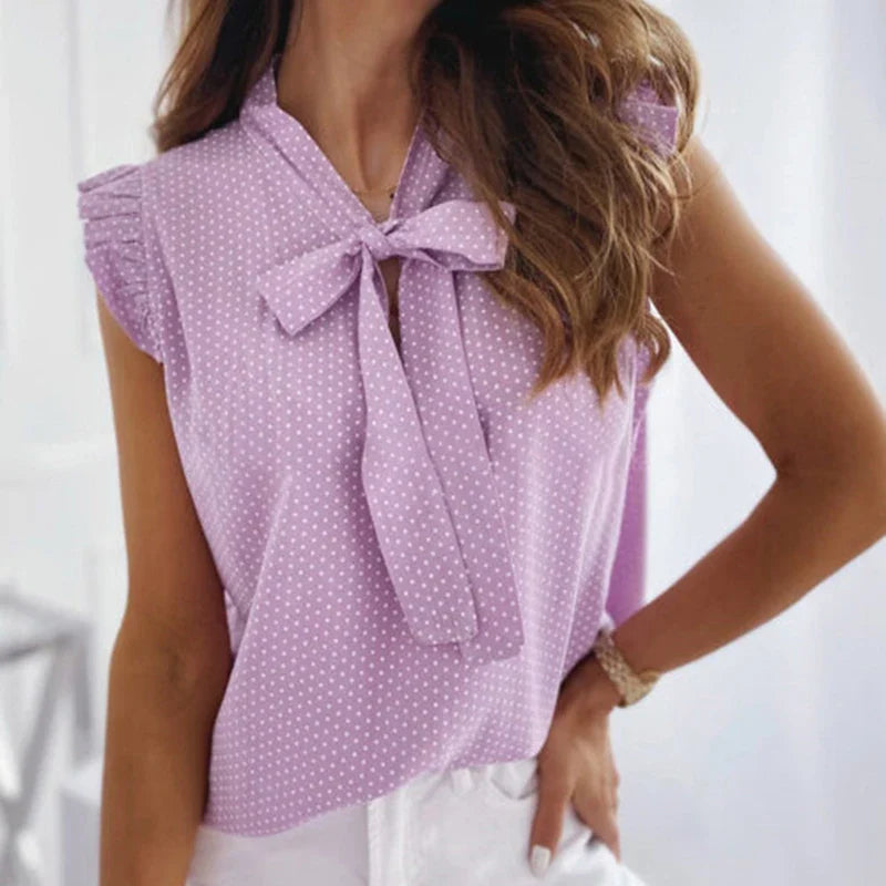 Women Summer Elegant Ruffles Sleeveless Polka Pot Lace Up Tie Bow Blouses and Shirts Casual Oversize Tops Pullover Tunic 2026