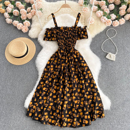 Summer 2026 Midi Dress Women Casual Off Shoulder Short Sleeve Vacation Beach Robe Female Clothing