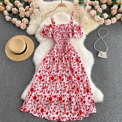 Summer 2026 Midi Dress Women Casual Off Shoulder Short Sleeve Vacation Beach Robe Female Clothing
