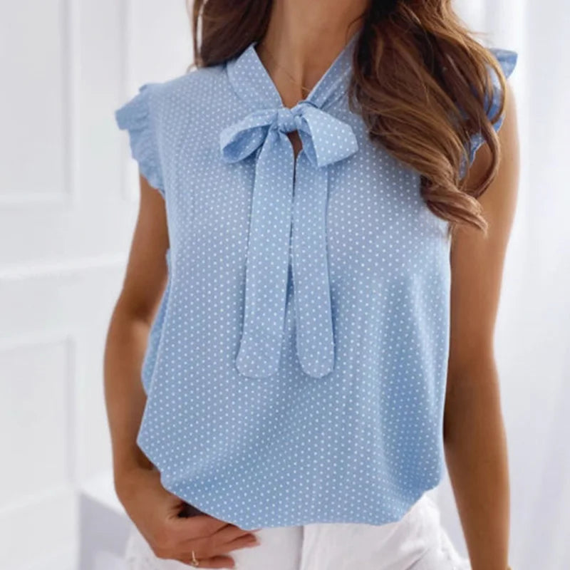 Women Summer Elegant Ruffles Sleeveless Polka Pot Lace Up Tie Bow Blouses and Shirts Casual Oversize Tops Pullover Tunic 2026