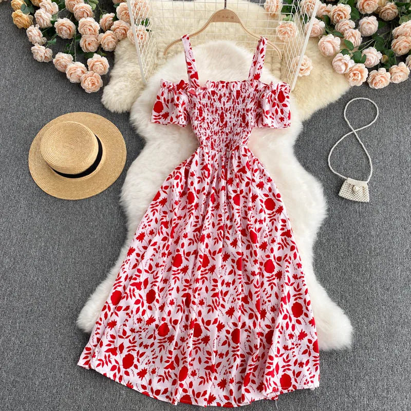 Summer 2026 Midi Dress Women Casual Off Shoulder Short Sleeve Vacation Beach Robe Female Clothing