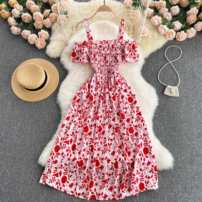 Summer 2026 Midi Dress Women Casual Off Shoulder Short Sleeve Vacation Beach Robe Female Clothing