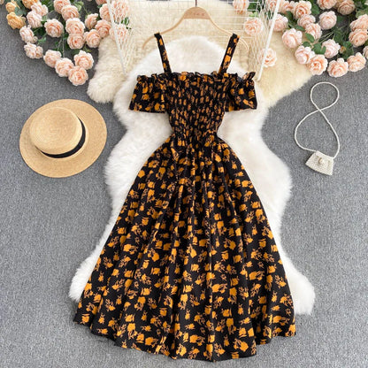 Summer 2026 Midi Dress Women Casual Off Shoulder Short Sleeve Vacation Beach Robe Female Clothing