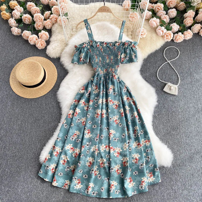 Summer 2026 Midi Dress Women Casual Off Shoulder Short Sleeve Vacation Beach Robe Female Clothing