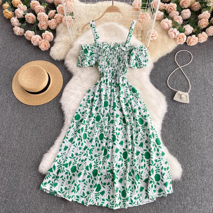 Summer 2026 Midi Dress Women Casual Off Shoulder Short Sleeve Vacation Beach Robe Female Clothing