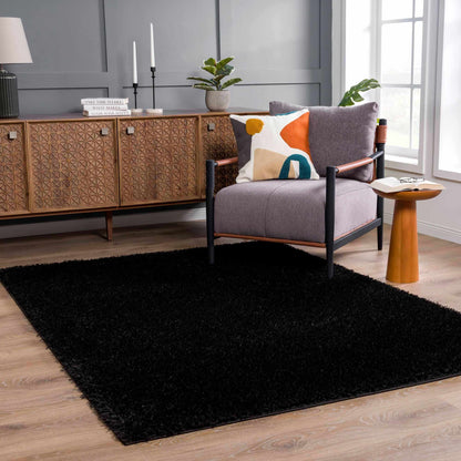 Faina Solid Black Shag Washable Area Rug