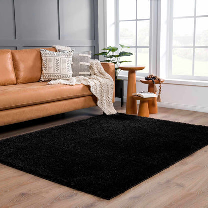 Faina Solid Black Shag Washable Area Rug