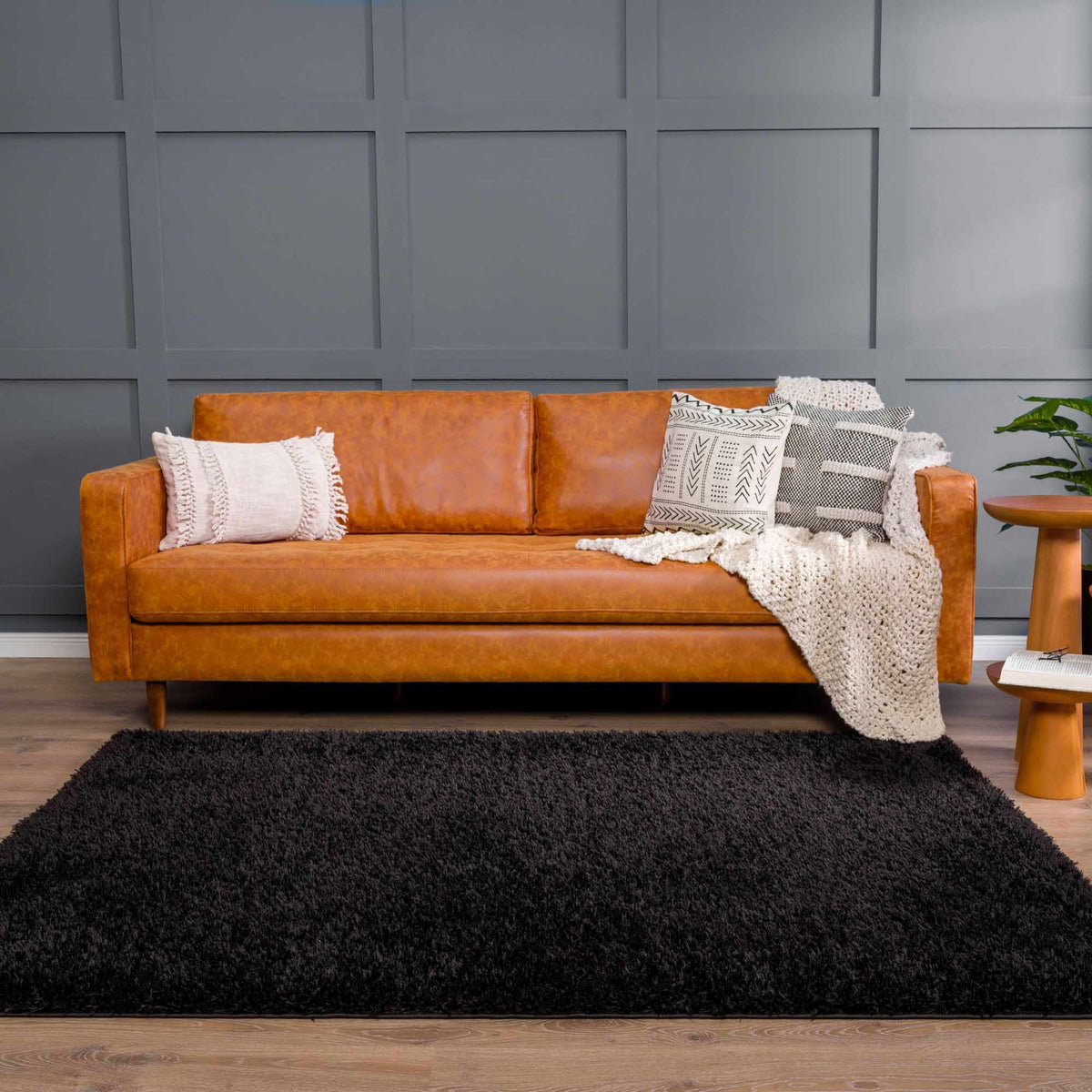 Faina Solid Black Shag Washable Area Rug